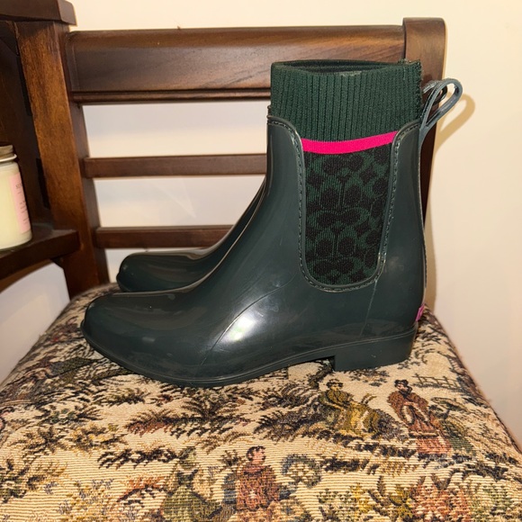 Coach Rainie Signature Sock Rain Boots Green Pink Logo Size 8 - Picture 3 of 15